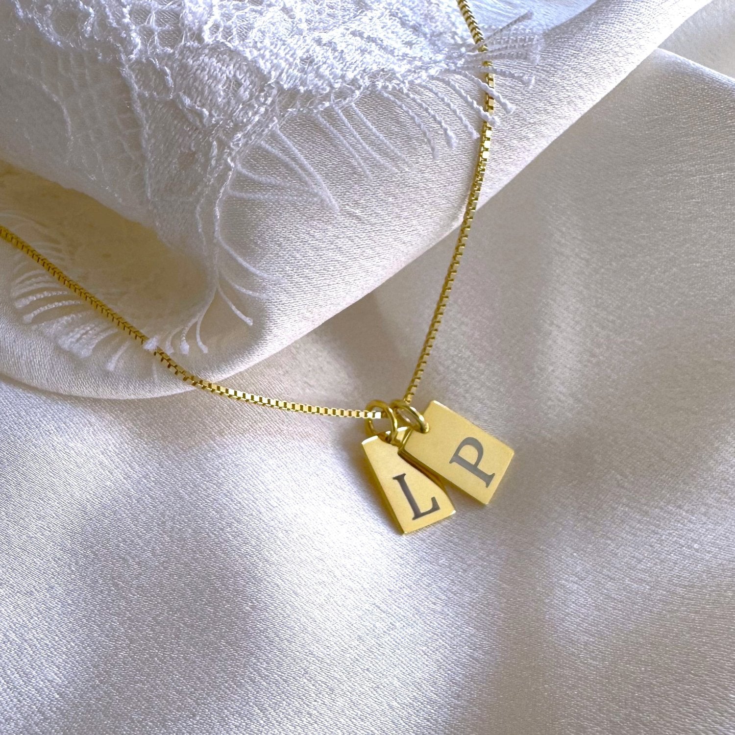 14K Gold Tiny Tag with Custom Initial Letter Engraved with Box Chain.