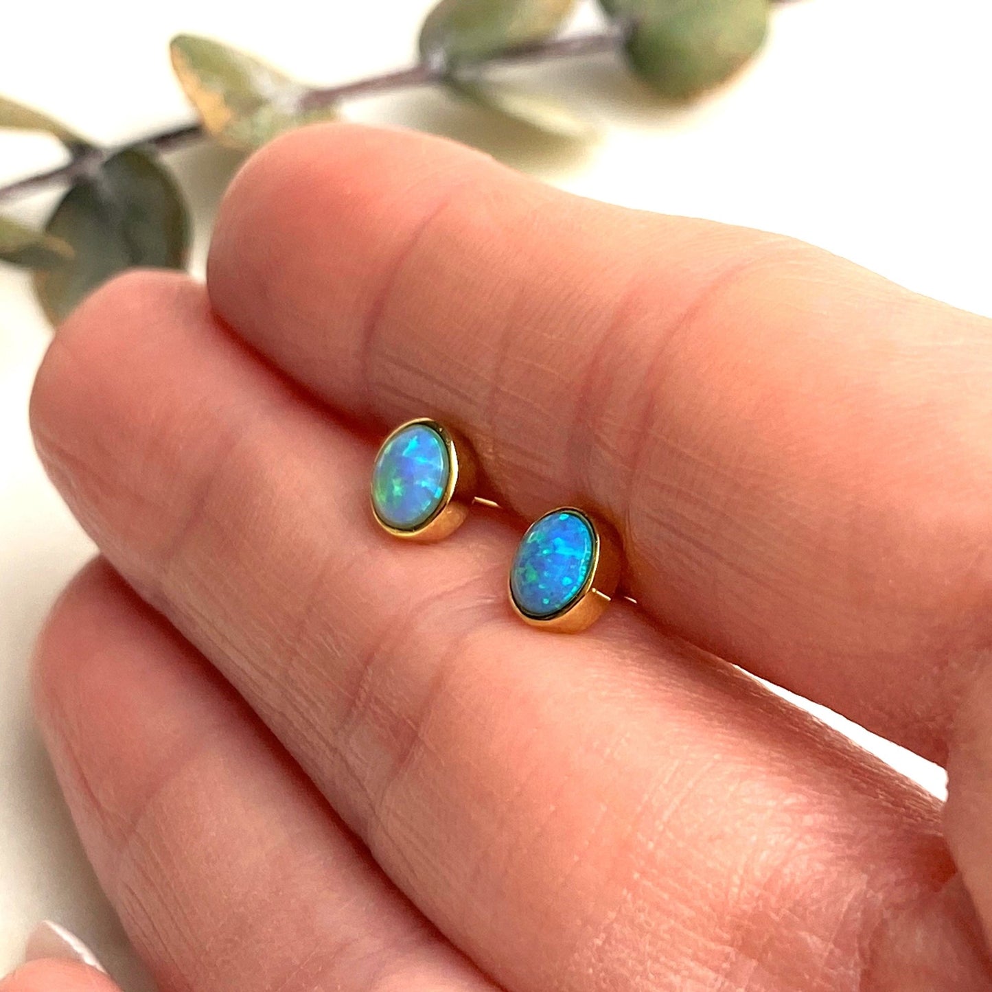 Blue Opal Studs in Gold 6mm