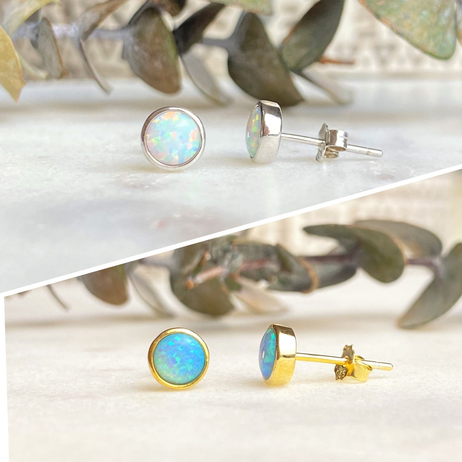 6mm White Opal Studs in silver and 6mm Blue Opal Studs in Gold