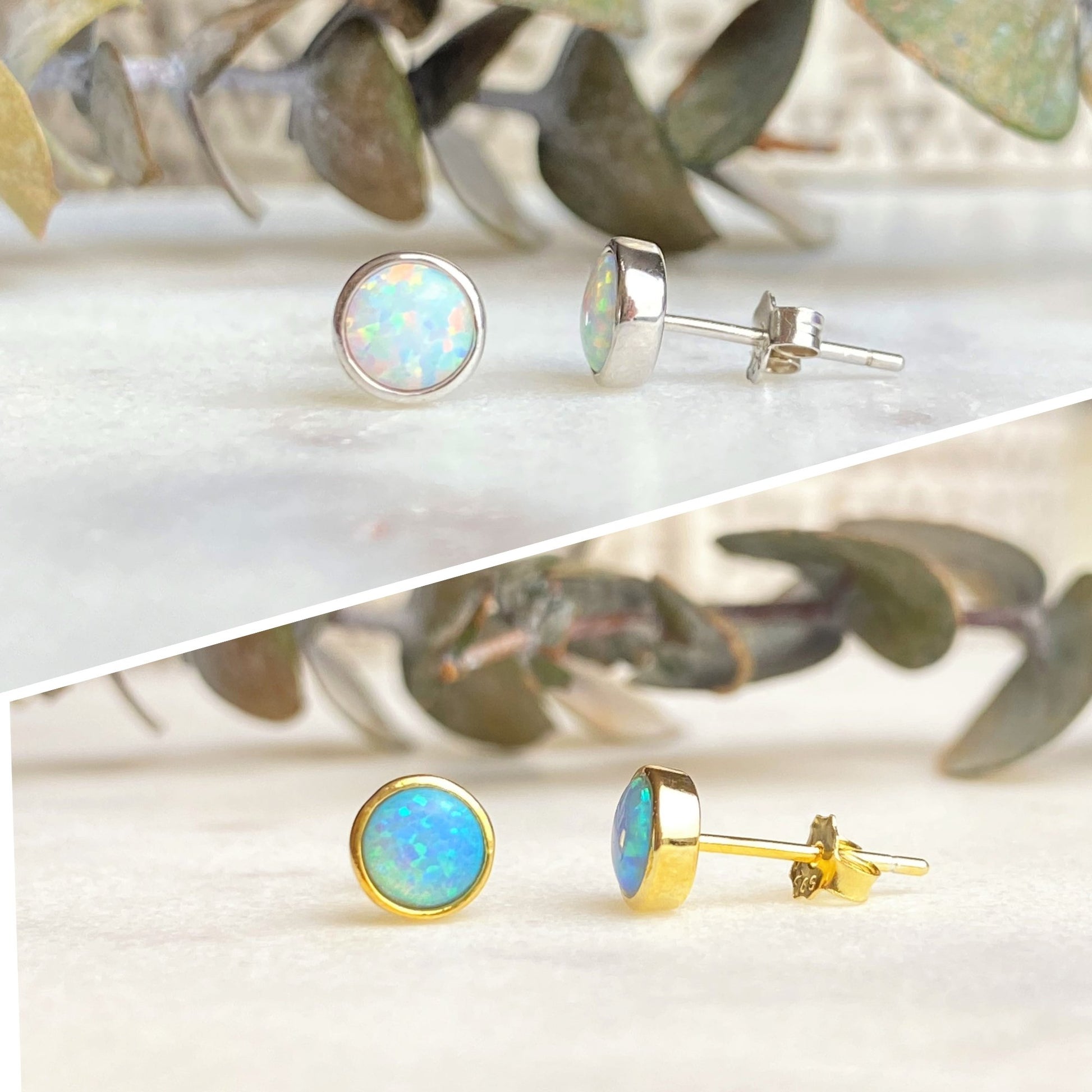 6mm White Opal Studs in silver and 6mm Blue Opal Studs in Gold