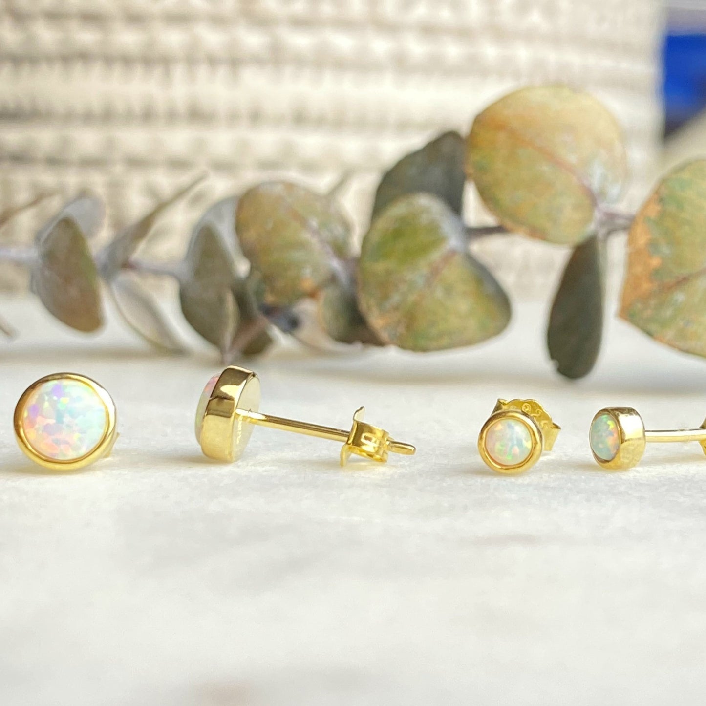 White Opal Studs in Gold 6mm and 4mm