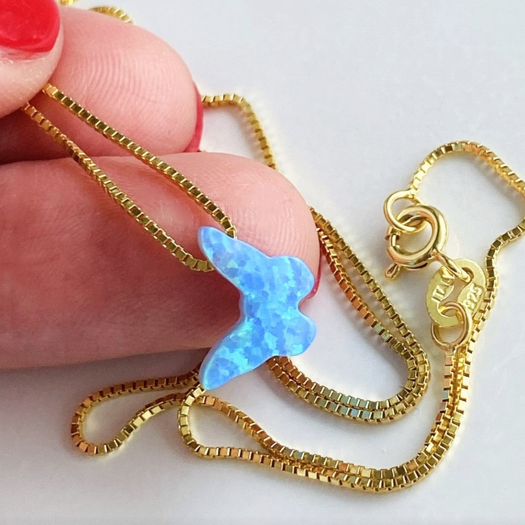 Blue Opal Butterfly Necklace with Gold Box Chain