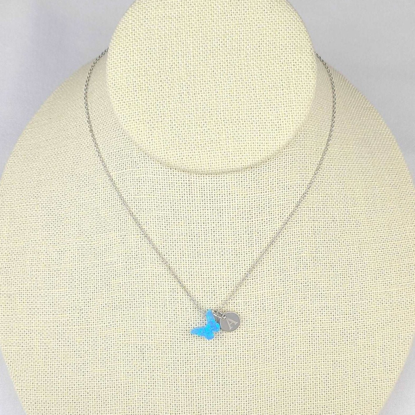 Blue Opal Butterfly Necklace with Initial Coin - S925 Sterling Silver