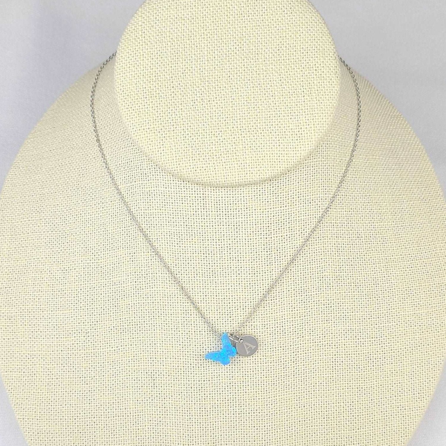 Blue Opal Butterfly Necklace with Initial Coin - S925 Sterling Silver