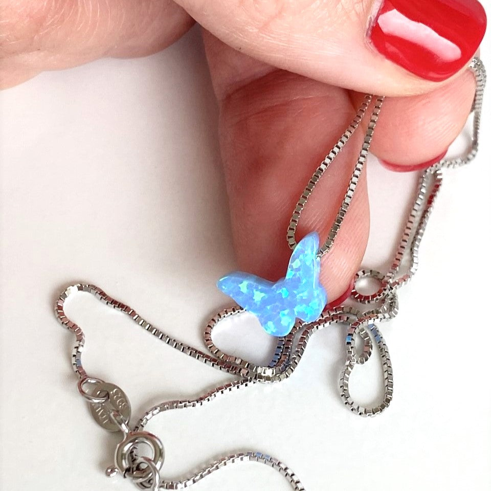 Blue Opal Butterfly Necklace with Silver Box Chain
