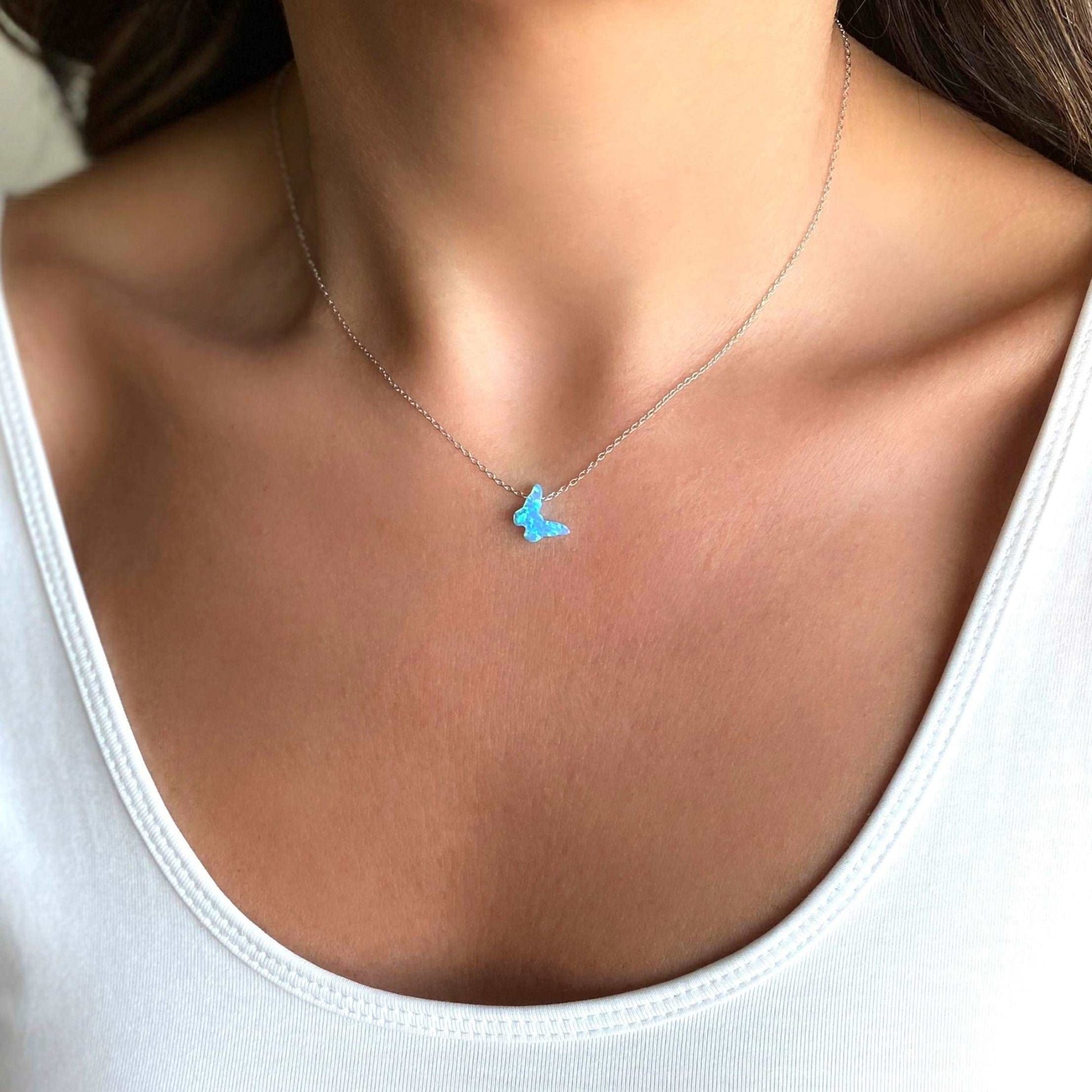 Blue Opal Butterfly Necklace with Silver Cable Chain