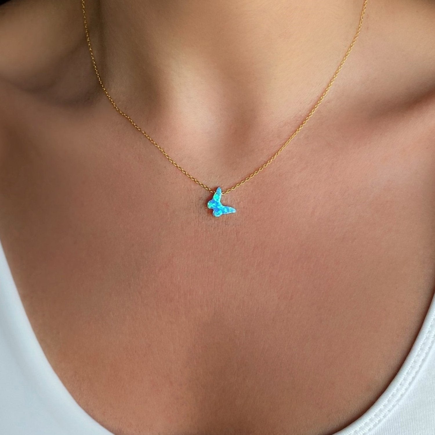 Blue Opal Butterfly with Gold Cable Chain