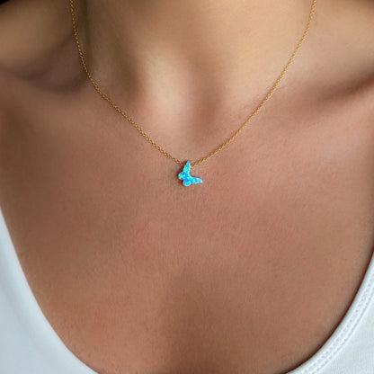 Blue Opal Butterfly with Gold Cable Chain
