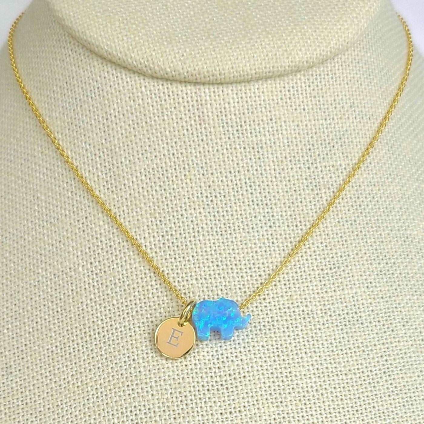 Blue Opal Elephant Necklace with 8mm Initial Coin and Gold Cable Chain