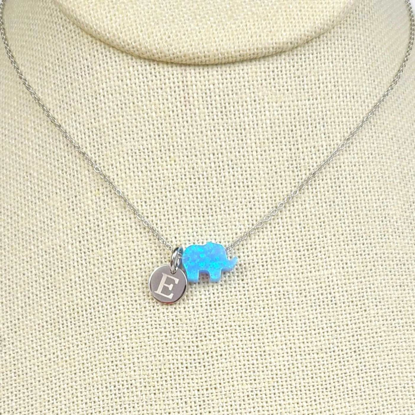 Blue Opal Elephant Necklace with 8mm Initial Coin and Silver Cable Chain