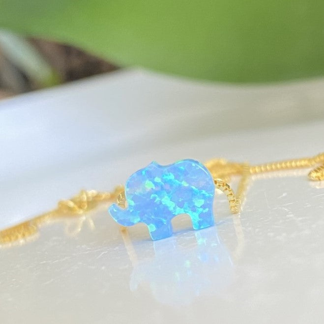 Blue Opal Elephant Necklace with Gold Box Chain
