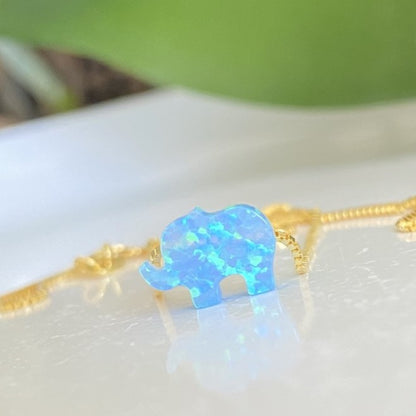 Blue Opal Elephant Necklace with Gold Box Chain
