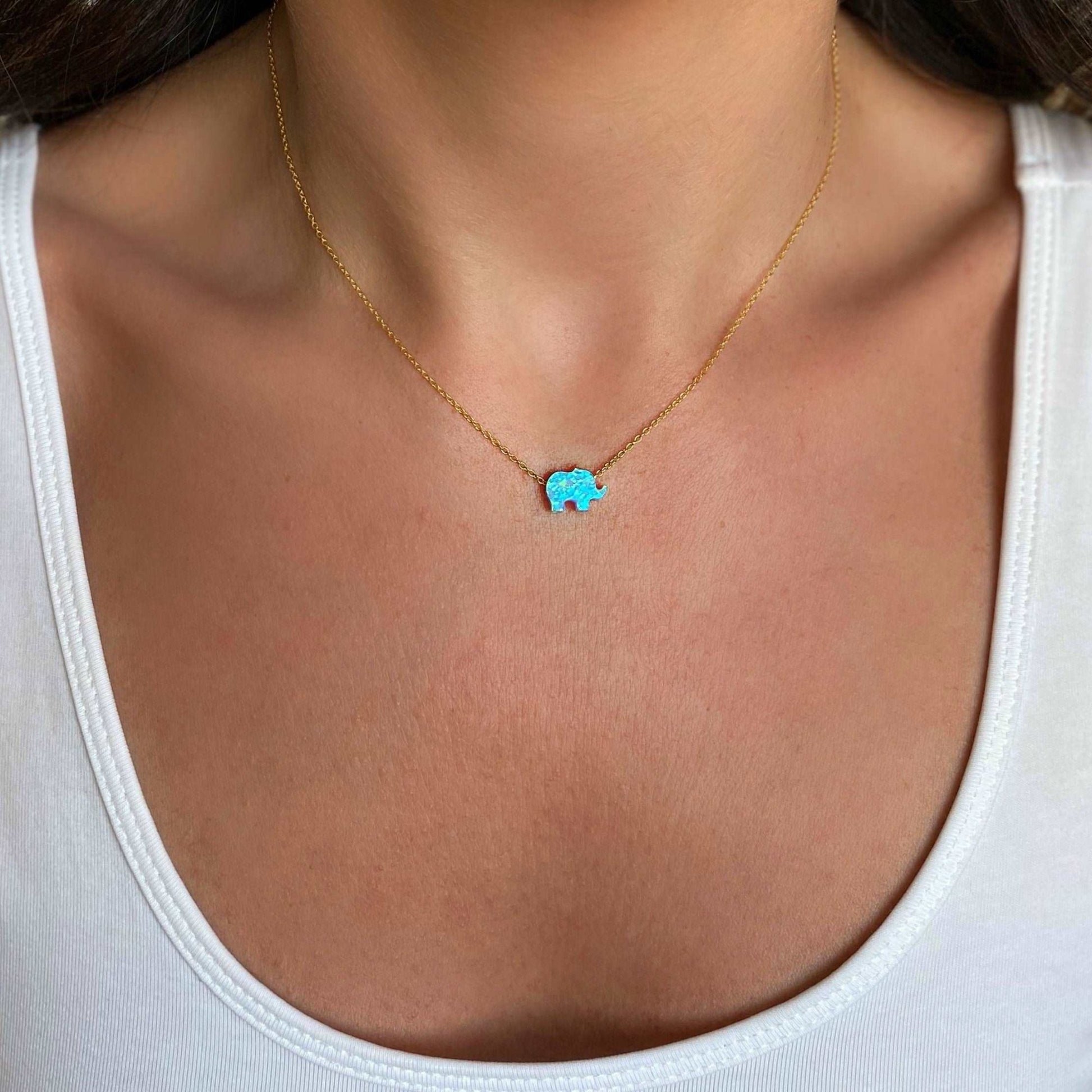 Blue Opal Elephant Necklace with Gold Cable Chain