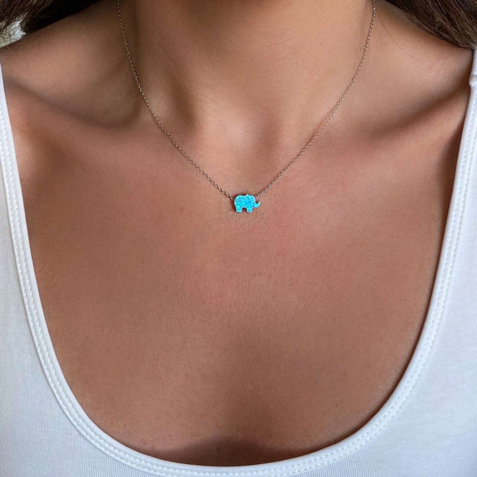 Blue Opal Elephant Necklace with Silver Cable Chain