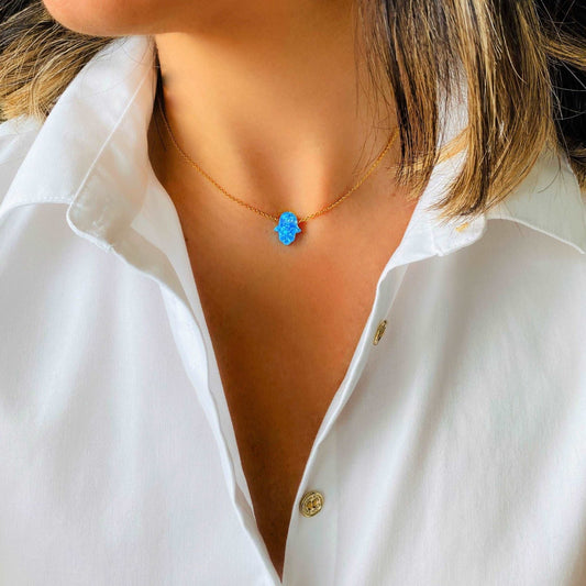 Blue Opal Hamsa Necklace - S925 Sterling Silver - Gold, Rose Gold and Silver
