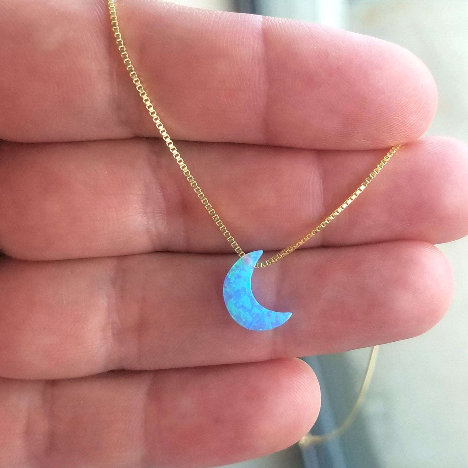 Blue Opal Moon Necklace with gold box chain