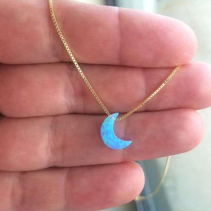 Blue Opal Moon Necklace with gold box chain