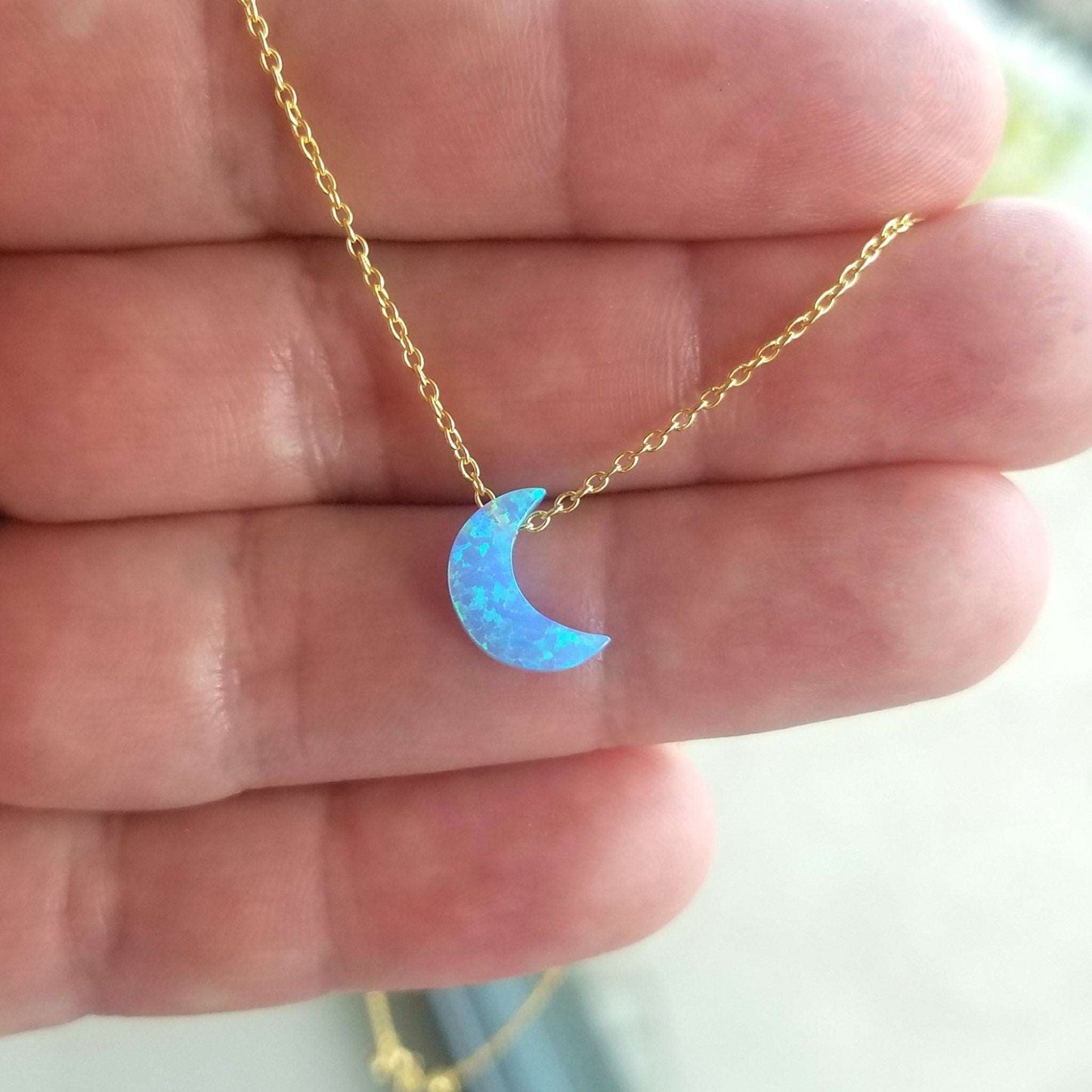 Blue Opal Moon Necklace with gold cable chain