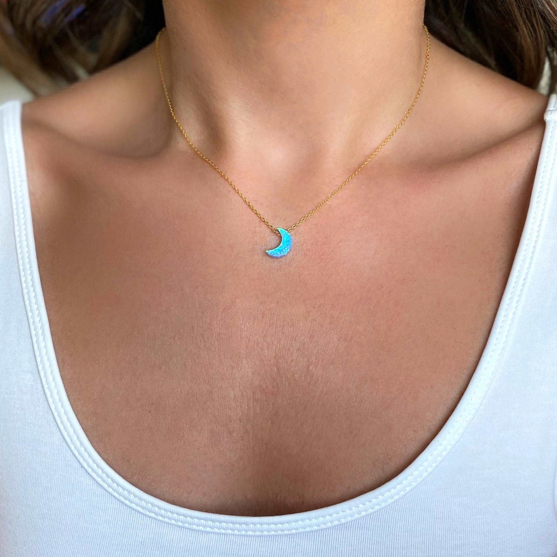 Blue Opal Moon Necklace with gold cable chain