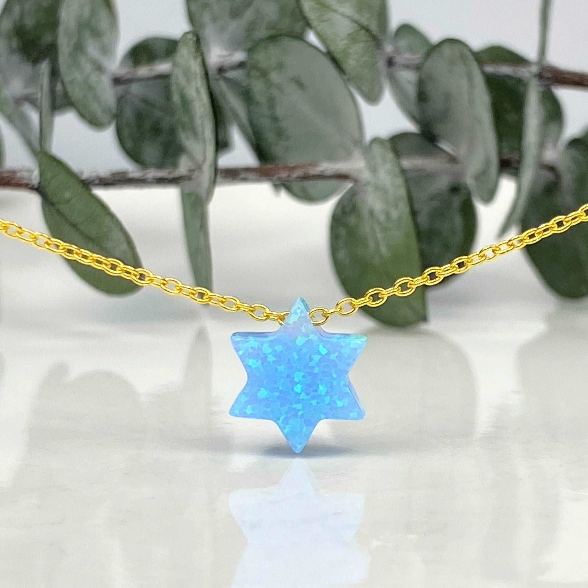 Blue Opal Star of David Necklace with Gold Cable Chain