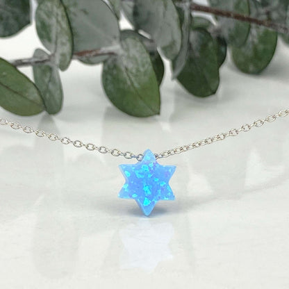 Blue Opal Star of David Necklace with Silver Cable Chain