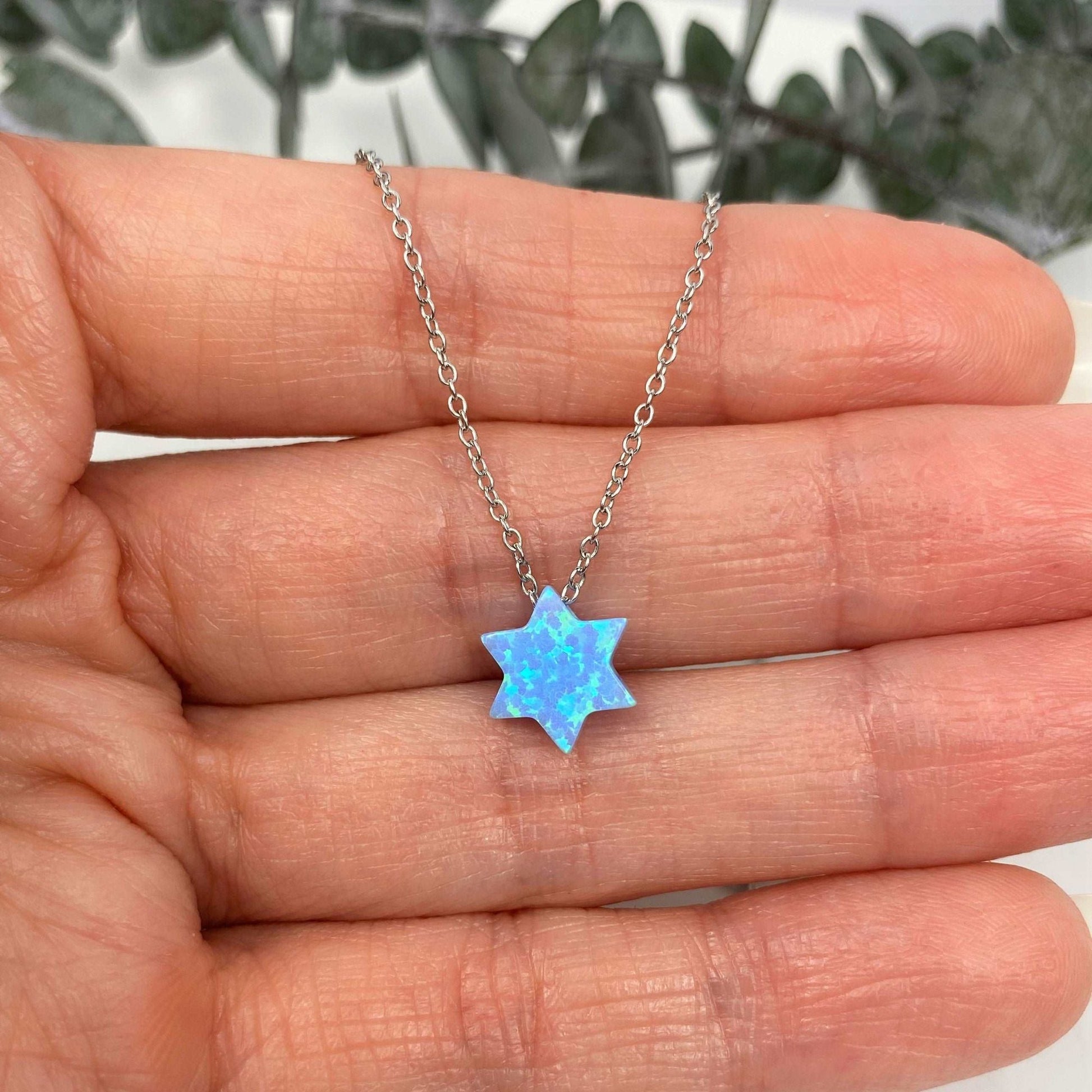Blue Opal Star of David Necklace with Silver Cable Chain