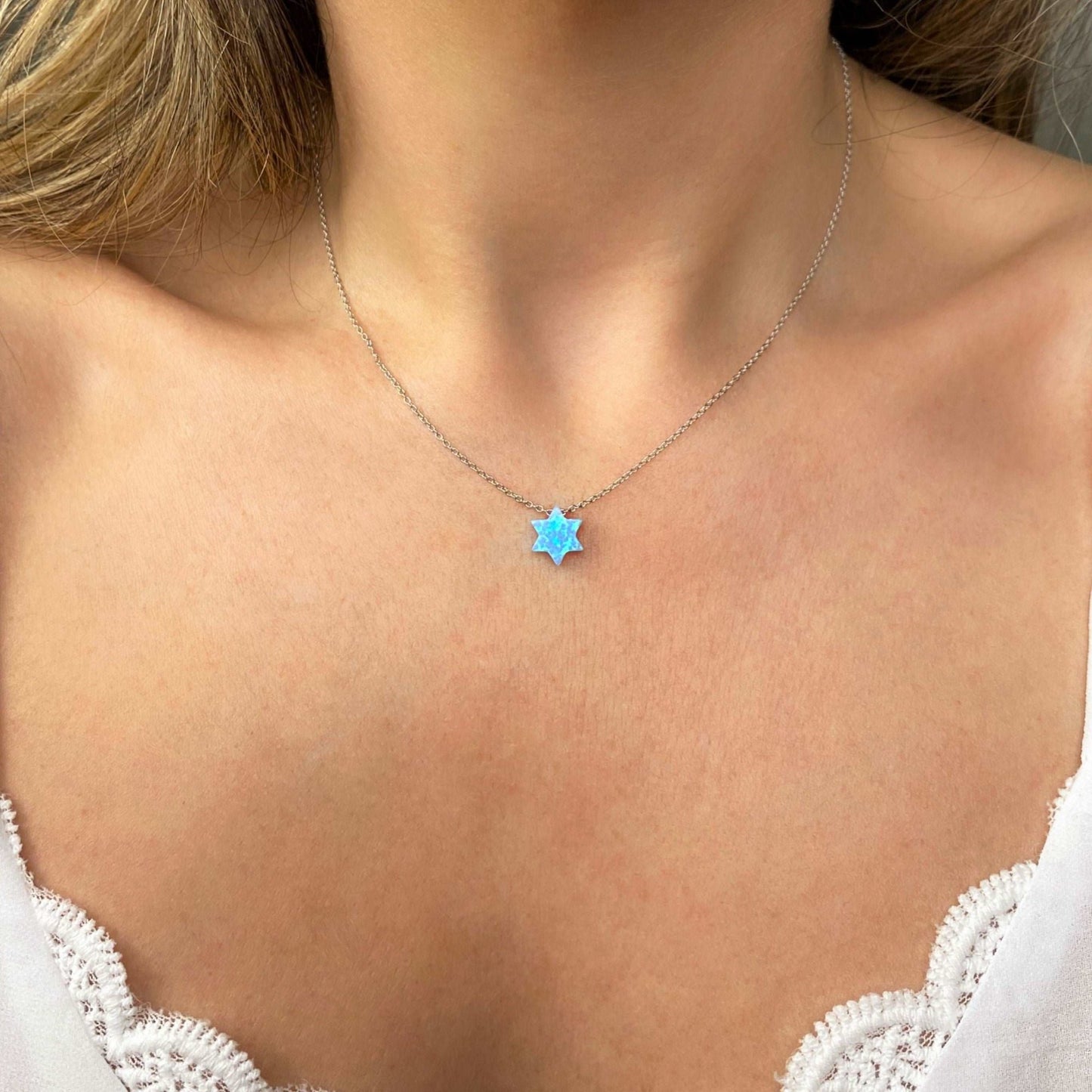 Blue Opal Star of David Necklace with Silver Cable Chain