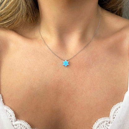Blue Opal Star of David Necklace with Silver Cable Chain