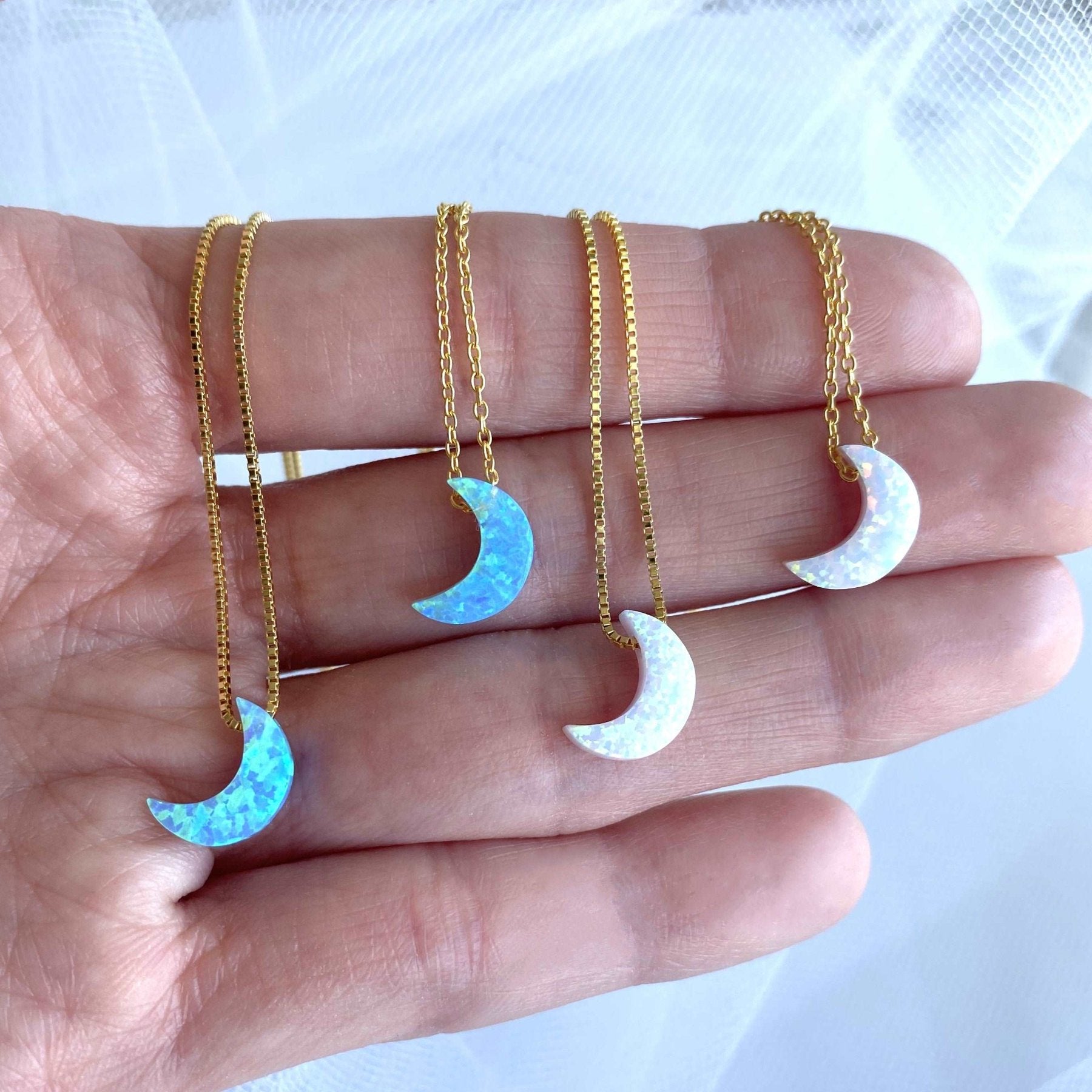 Blue and White Opal Moon Necklaces with gold cable chain and gold box chain