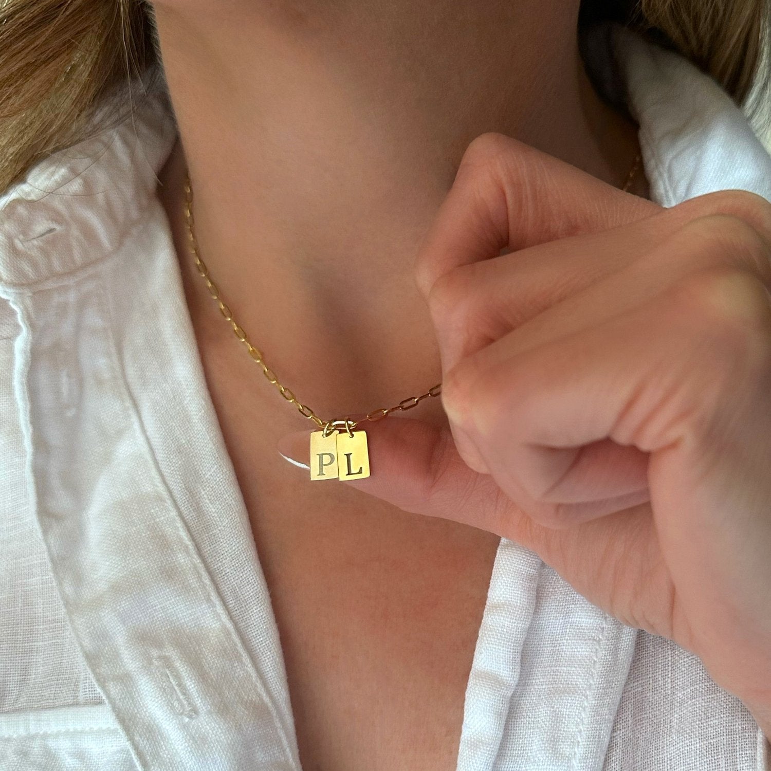 14K Gold Tiny Tag with Custom Initial Letter Engraved with Paperclip Chain.