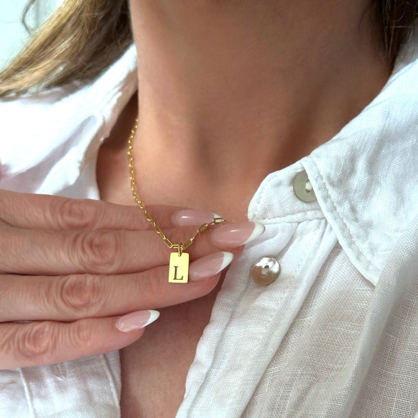 14K Gold Tiny Tag with Custom Initial Letter Engraved with Paperclip Chain.