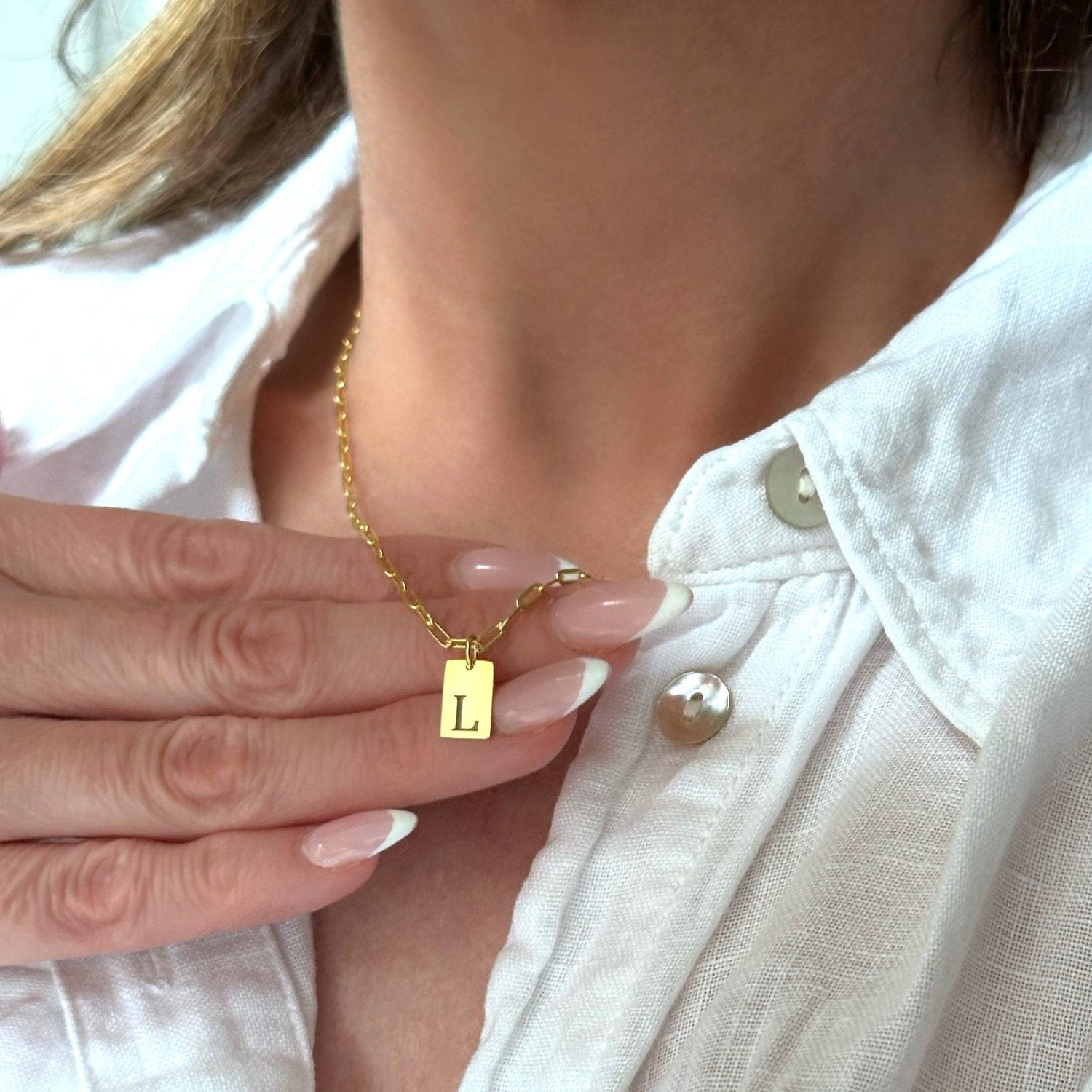 14K Gold Tiny Tag with Custom Initial Letter Engraved with Paperclip Chain.