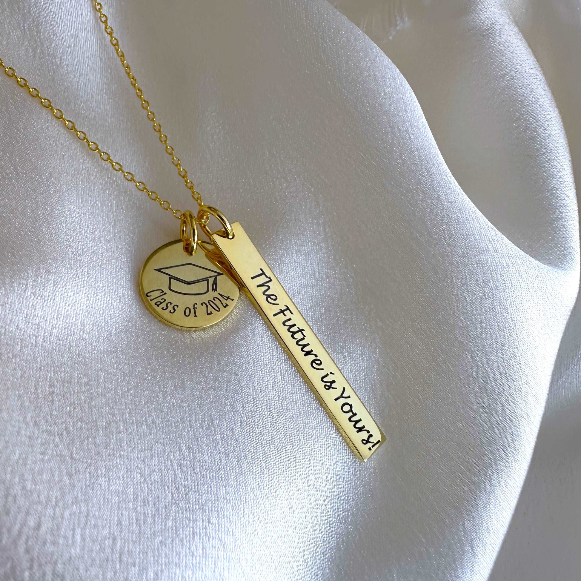 PyP JEWELERS Personalized Graduation Necklace | Coin, Bar and Chain are made with solid High Quality 925 Sterling Silver | Available in Gold, Rose Gold and Silver.