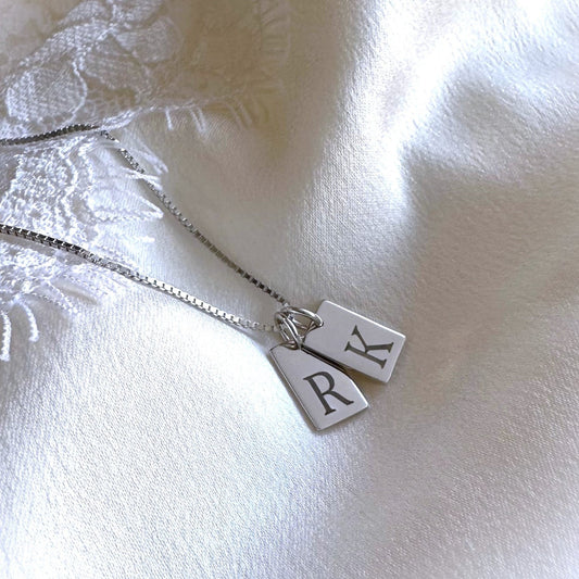 Sterling Silver Tiny Tag with Custom Initial Letter Engraved with Box Chain.