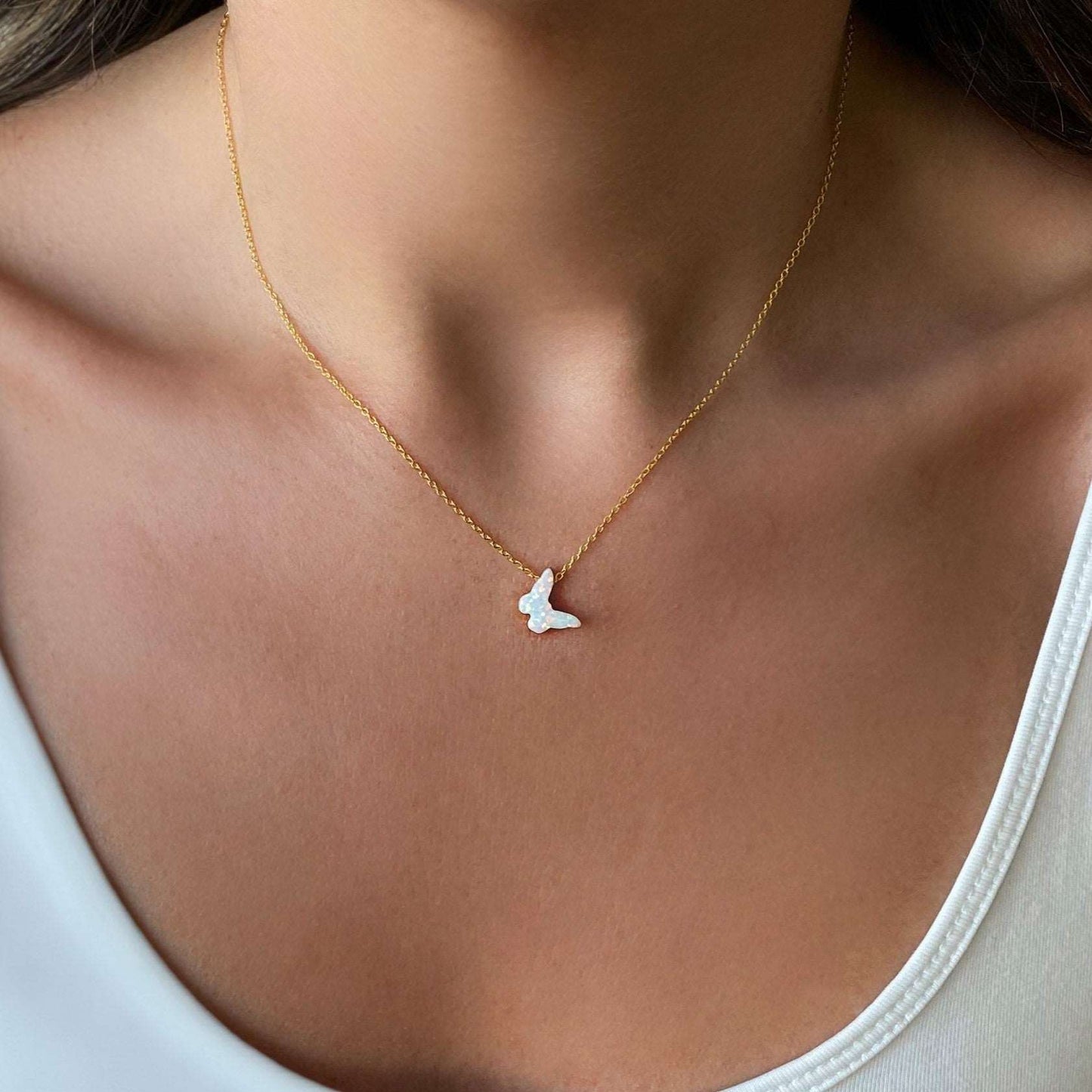 White Opal Butterfly Necklace - S925 Sterling Silver - Gold, Rose Gold and Silver.