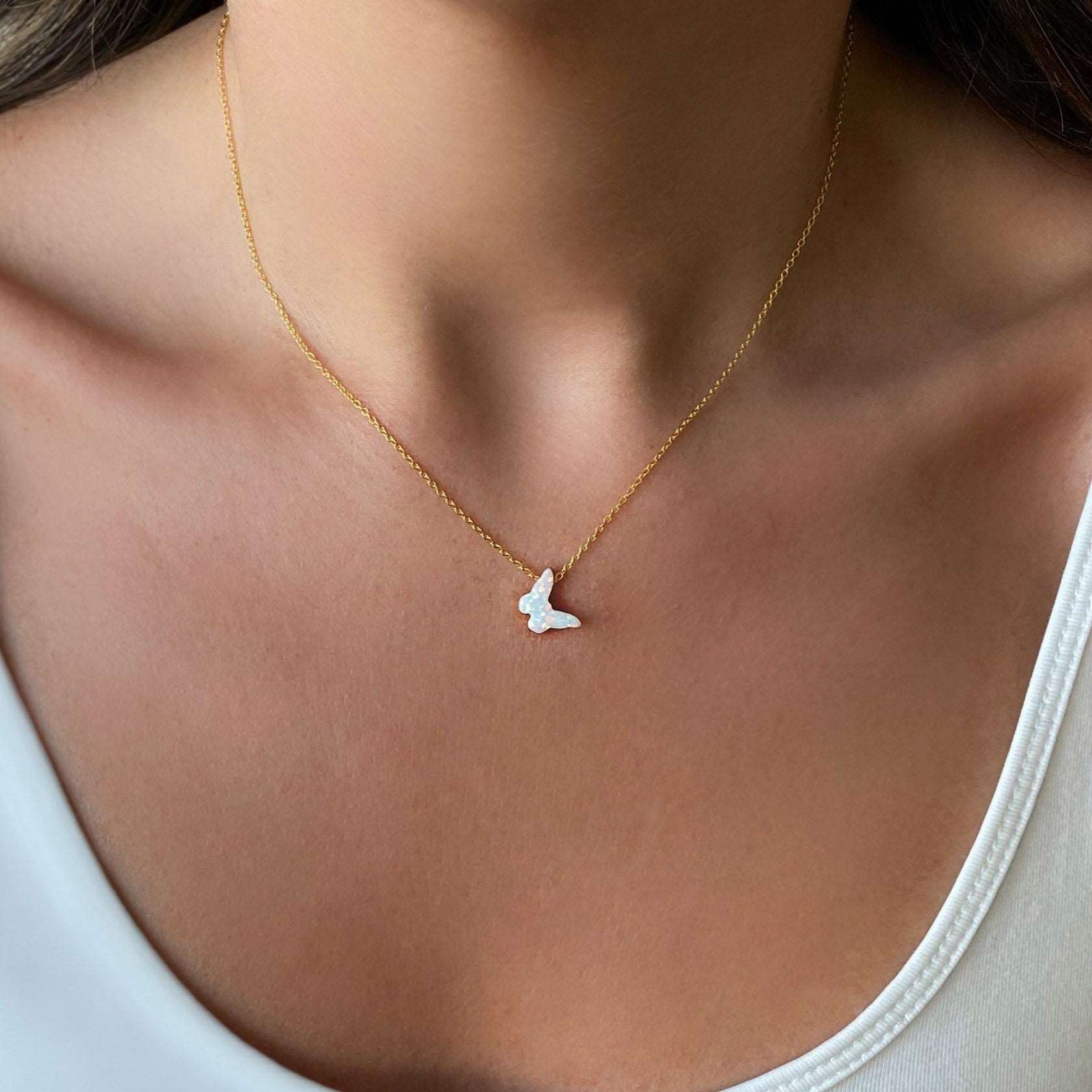White Opal Butterfly Necklace - S925 Sterling Silver - Gold, Rose Gold and Silver.
