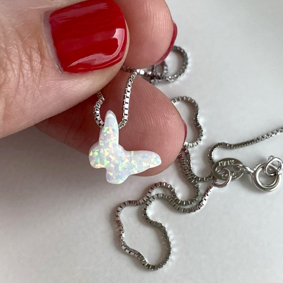 White Opal Butterfly with silver box chain