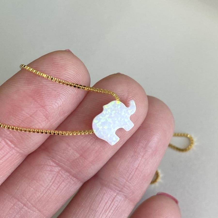 White Opal Elephant Necklace with Gold Box Chain
