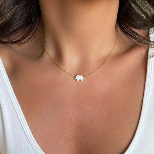 White Opal Elephant Necklace with Gold Cable Chain