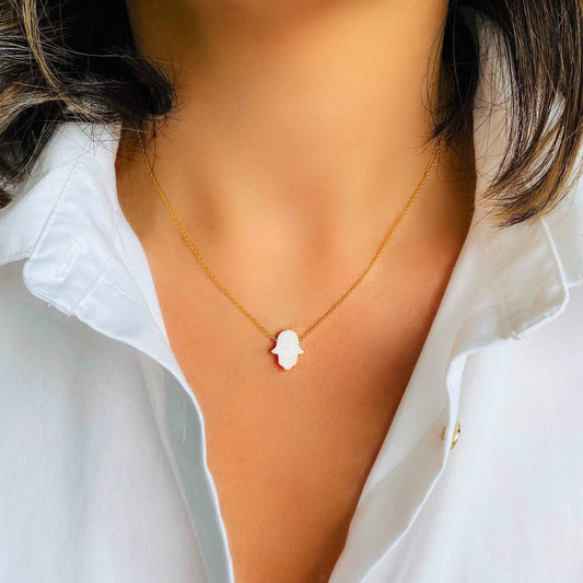 White Opal Hamsa Necklace - S925 Sterling Silver - Gold, Rose Gold and Silver