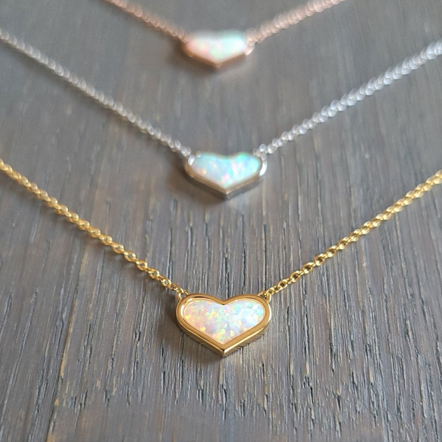 White Opal Heart Necklace with Rose Gold, Gold and Sterling Silver Cable Chain