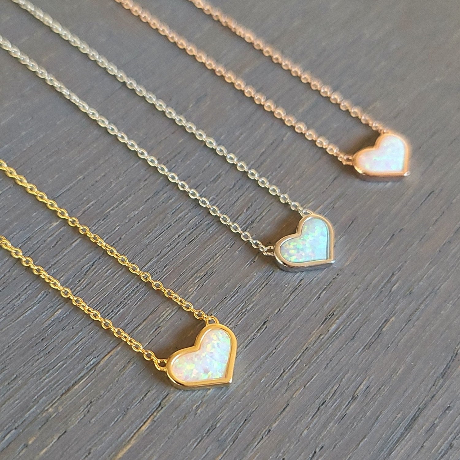 White Opal Heart Necklace with Rose Gold, Gold and Sterling Silver Cable Chain