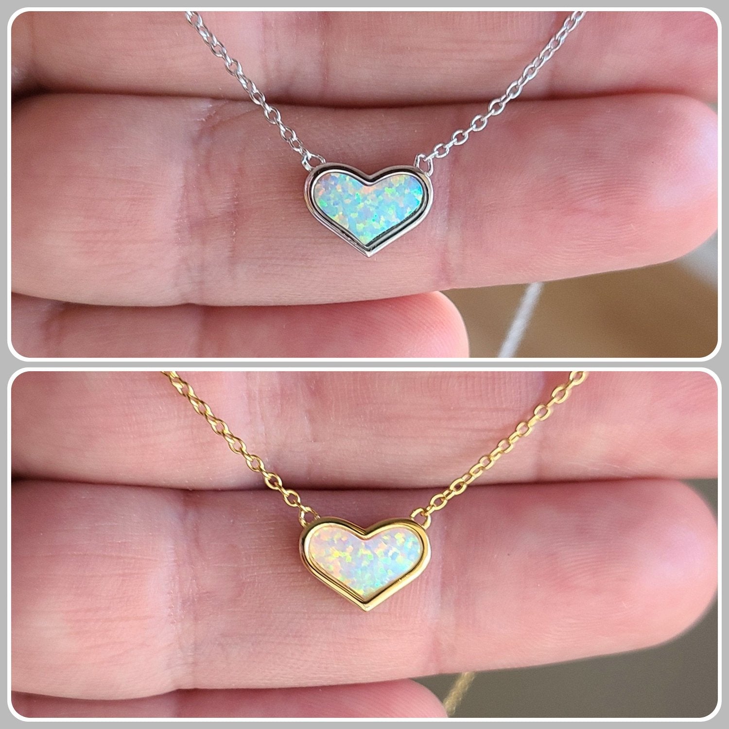 White Opal Heart Necklace with Gold and Sterling Silver Cable Chain