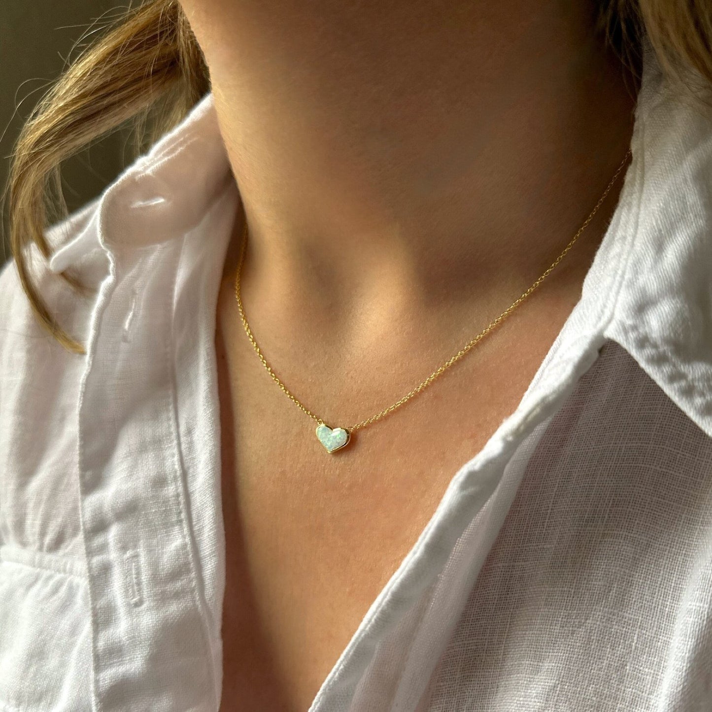 White Opal Heart Necklace with Gold and Sterling Silver Cable Chain
