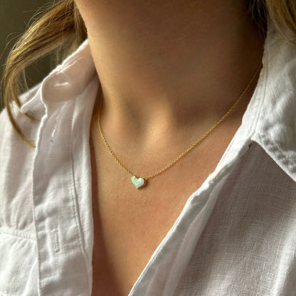 White Opal Heart Necklace with Gold and Sterling Silver Cable Chain