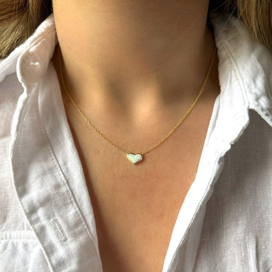 White Opal Heart Necklace with Gold and Sterling Silver Cable Chain