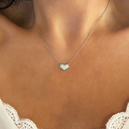 White Opal Heart Necklace with Sterling Silver Cable Chain
