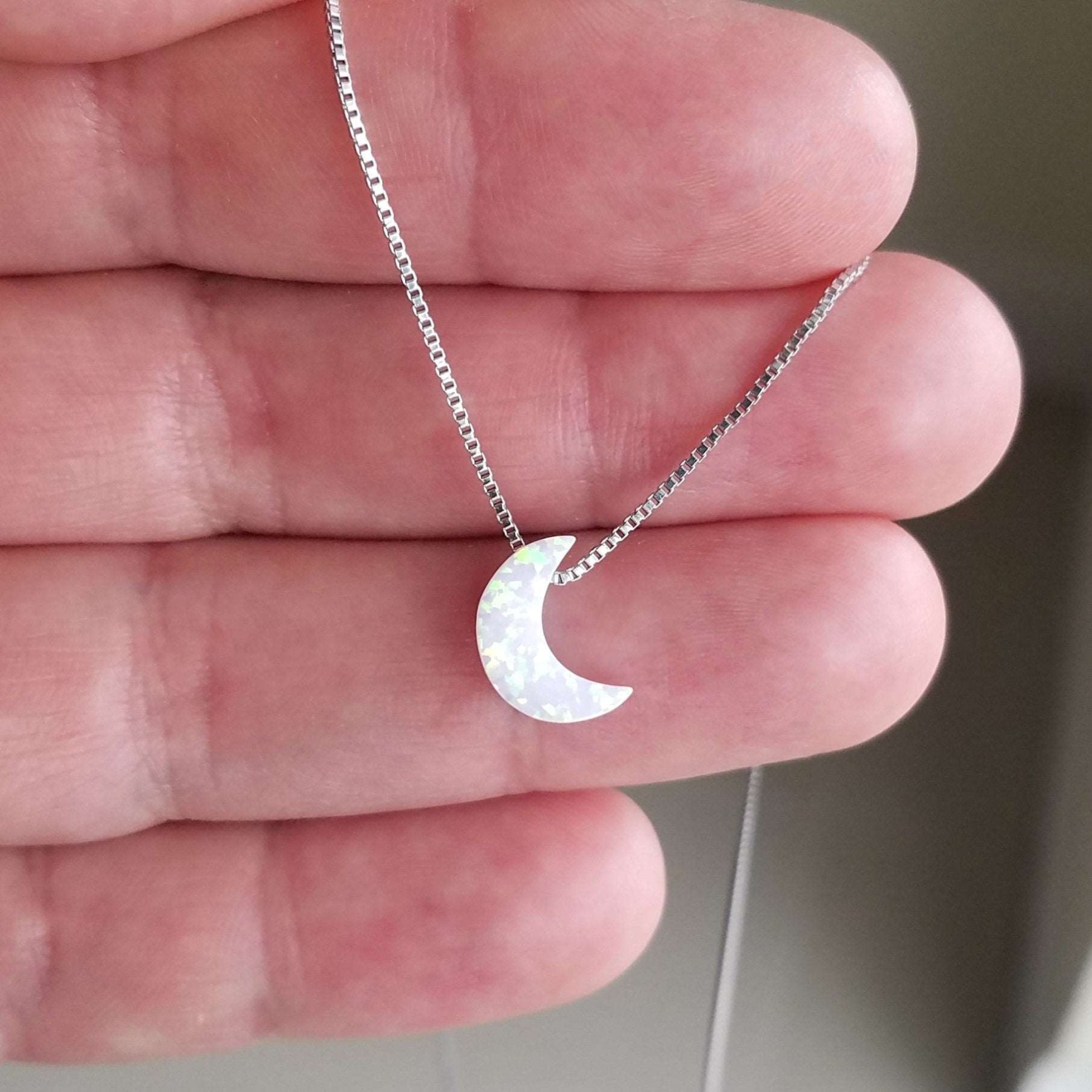 White Opal Moon Necklace with Silver box chain