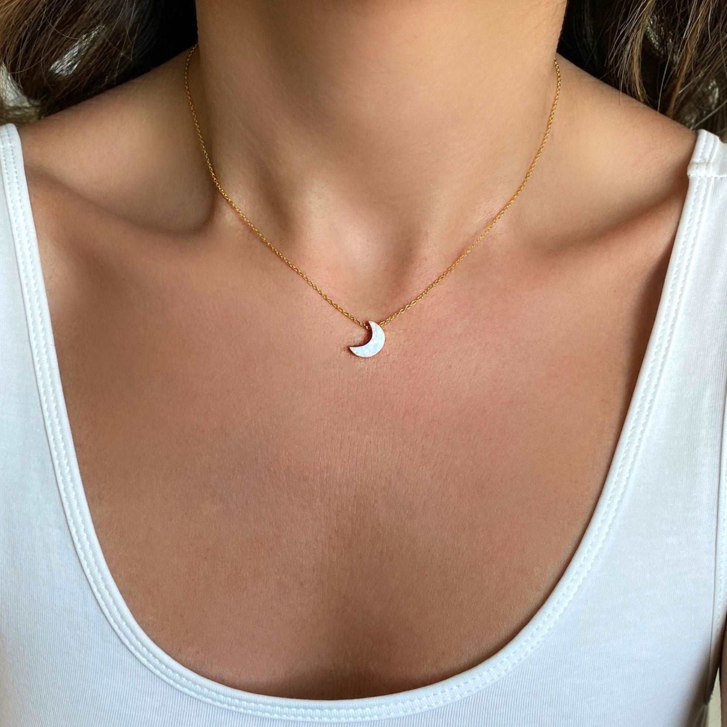 White Opal Moon Necklace with gold cable chain