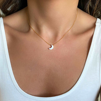 White Opal Moon Necklace with gold cable chain